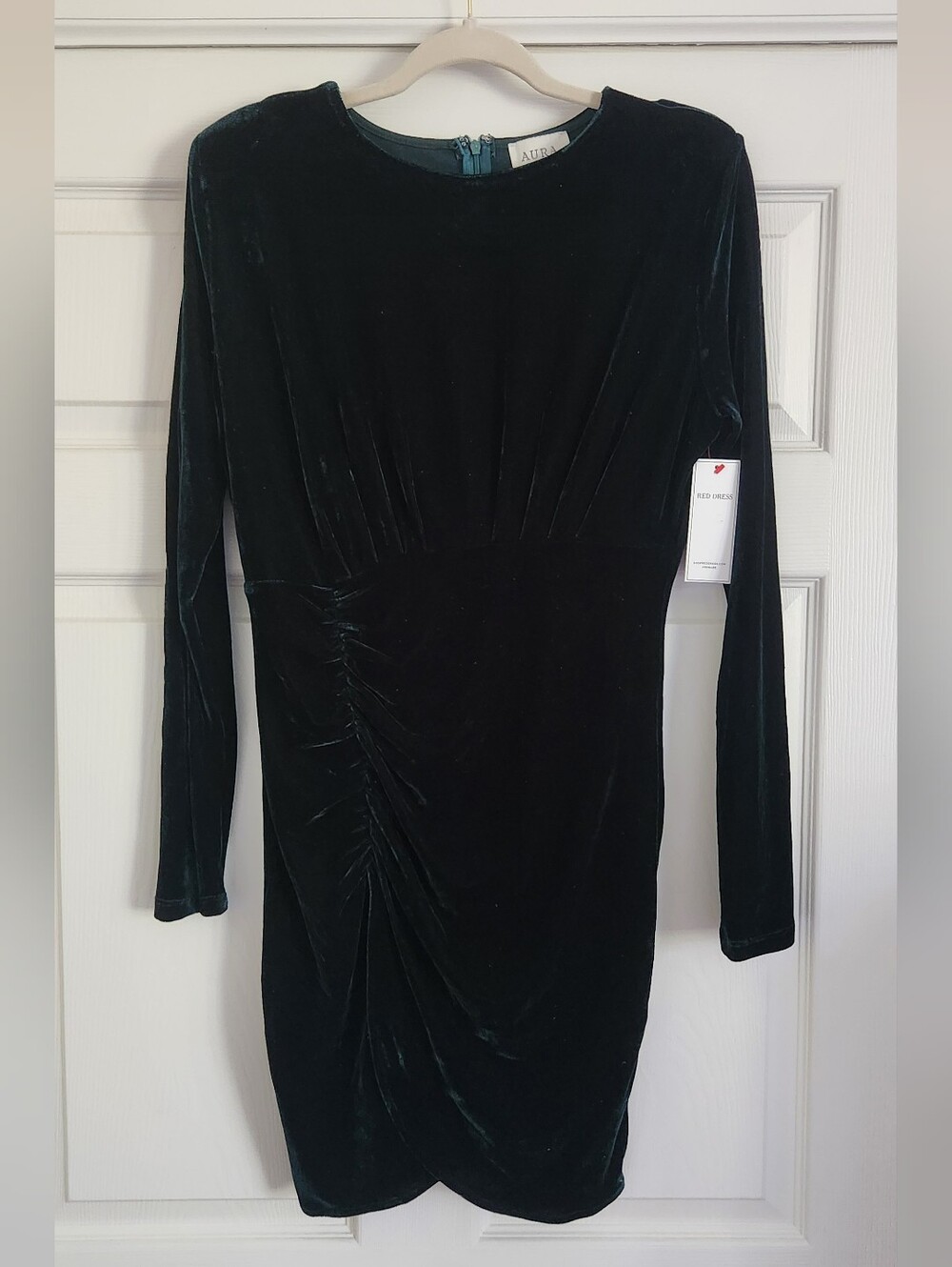 Deep Green Velvet Long Sleeve Ruched Sheath Dress